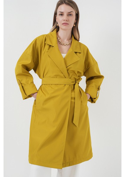 Kadın Bdart Desenli Polyester Trençkot, Şal Yaka Yeşil modelleri