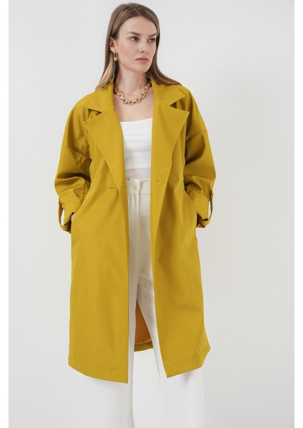 Kadın Bdart Desenli Polyester Trençkot, Şal Yaka Yeşil fırsatları