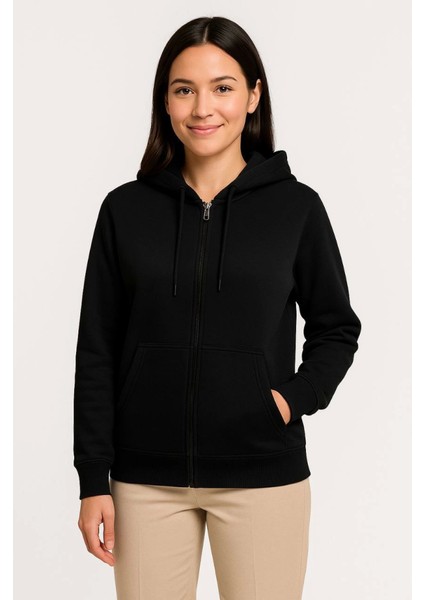 Üç Iplik Kapüşonlu Tam Fermuarlı Kanguru Çepli Sweatshirt Hoodie - Siyah fiyatları