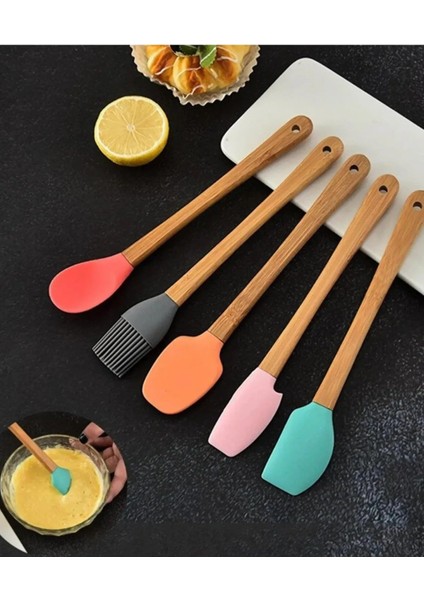5&#39;li Renkli Ahşap Saplı Silikon Uçlu Spatula Fırçalı Kaşık Seti -Yemek Hazırlık Seti 21 cm modelleri