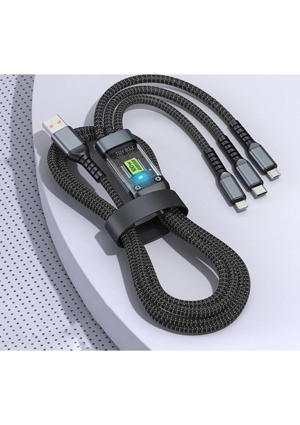 100W 3’ü 1 Arada Hızlı Şarj Kablosu | Type-C + Lightning + Micro USB | Örgü Kablo & 100 W Güç Göstergesi