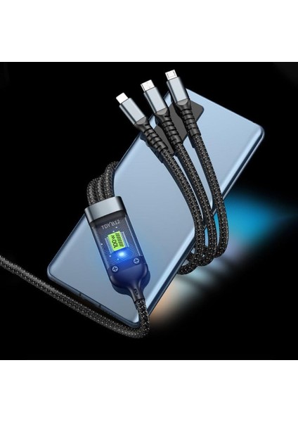 100W 3’ü 1 Arada Hızlı Şarj Kablosu | Type-C + Lightning + Micro USB | Örgü Kablo & 100 W Güç Göstergesi modelleri