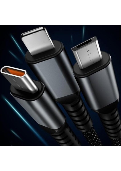 100W 3’ü 1 Arada Hızlı Şarj Kablosu | Type-C + Lightning + Micro USB | Örgü Kablo & 100 W Güç Göstergesi