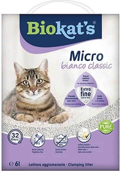 Biokats Micro Bianco Classic Kokusuz Topaklanan Doğal Kedi Kumu 6lt