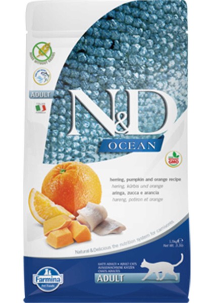 Nd Ocean Tahılsız Ringa Balığı Balkabağı ve Portakallı Yetişkin Kedi Mamas 1,5kg