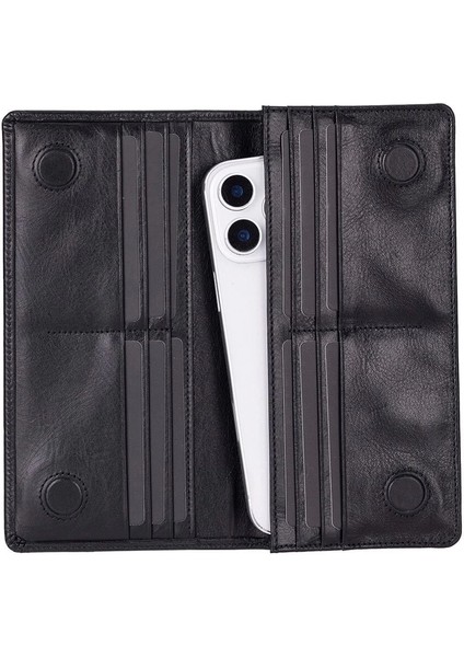 Aura Hakiki Deri, El Yapımı, Telefon Bölmeli, Kadın Cüzdanı, Kömür Siyahı