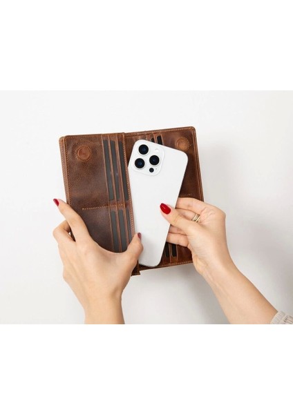 Aura Hakiki Deri, El Yapımı, Telefon Bölmeli, Kadın Cüzdanı, Antik Kahve fiyatları