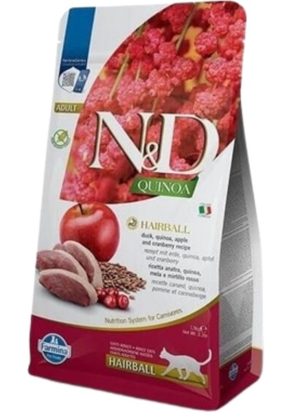 Quinoa Tüy Yumağı Önleyici Ördekli Elmalı ve Kızılcıklı Tahılsız Yetişkin Kedi Maması 1,5kg