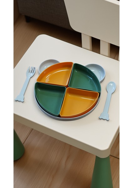 4 Bölmeli Ayı Model Mama ve Bebek Yemek Tabağı + Çatal Kaşık