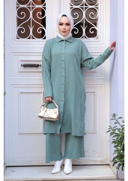 Yakalı Mint Tesettür Triko Ikili Takım 34181MINT fiyatları