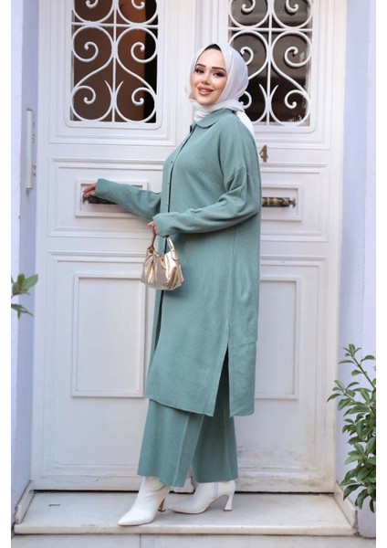 Yakalı Mint Tesettür Triko Ikili Takım 34181MINT modelleri