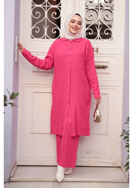 Yakalı Nar Çiçeği Tesettür Triko Ikili Takım 34181NC