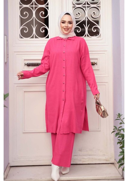 Yakalı Nar Çiçeği Tesettür Triko Ikili Takım 34181NC modelleri