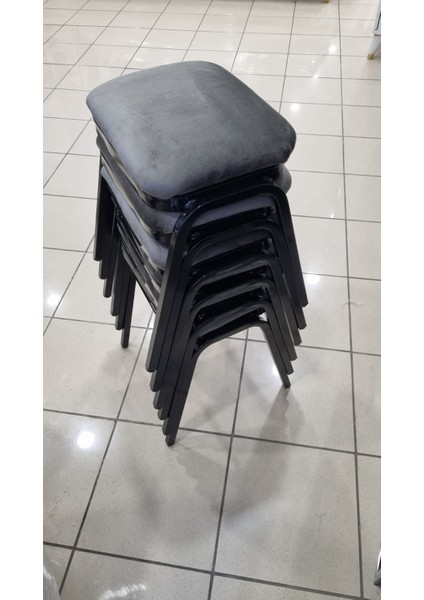 Tabure 6 Adet Siyah Demir Ayaklı Silinebilir Kumaş Yeni Trend Mutfak Taburesi Dikdörtgen Tabure