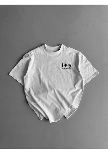 Baskılı Oversize Bisiklet Yaka T-Shirt - Beyaz