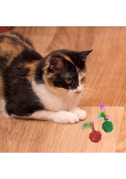 Buffer® 2li Rattan Renkli Peluş Tüy Kedi Köpek Oyuncak Yakalama Çiğneme Çıngıraklı Top Oyuncağı