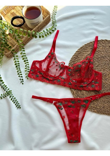 Kiraz Kırmızı Balenli Sütyen Takımı