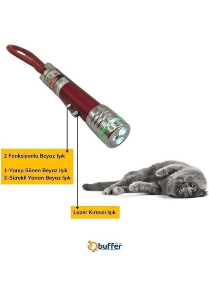 Buffer® 3 Fonksiyonlu Kırmızı Beyaz Işıklı LED Lazer Kedi Köpek Oyuncak Anahtarlık