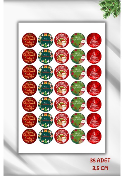 35 Adet 3,5 cm Yılbaşı Temalı Etiket, Yapışkanlı Sticker, Hediye Paketi Etiketi