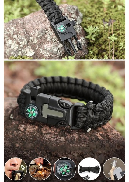 Buffer® 5'i 1 Arada Çok Fonksiyonlu Hayatta Kalma Bilekliği Pusula, Düdük, Çakmak Taşı ve Şemsiye Ipi Bileklik