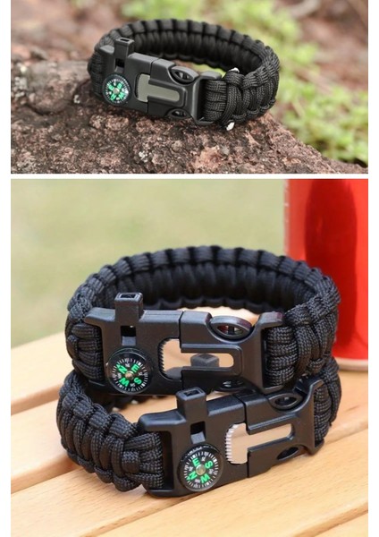 Buffer® 5'i 1 Arada Çok Fonksiyonlu Hayatta Kalma Bilekliği Pusula, Düdük, Çakmak Taşı ve Şemsiye Ipi Bileklik