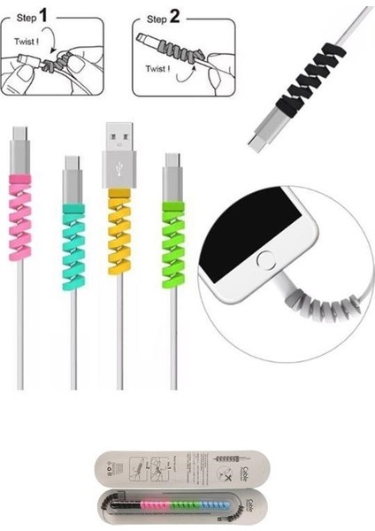 Buffer® 4lü Apple, Android Şaj Kablosu Koruyucu Silikon Spiral Yay Aparat