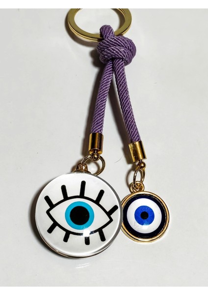 Göz Desenli Beyaz Cam Boncuk ve Küçük Sarı Metal Nazar Boncuklu Anahtarlık