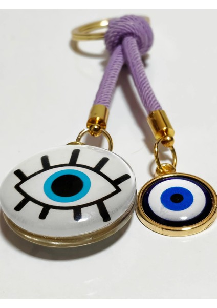 Göz Desenli Beyaz Cam Boncuk ve Küçük Sarı Metal Nazar Boncuklu Anahtarlık fiyatları