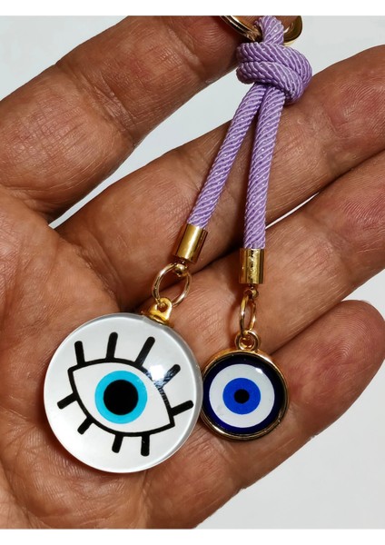 Göz Desenli Beyaz Cam Boncuk ve Küçük Sarı Metal Nazar Boncuklu Anahtarlık