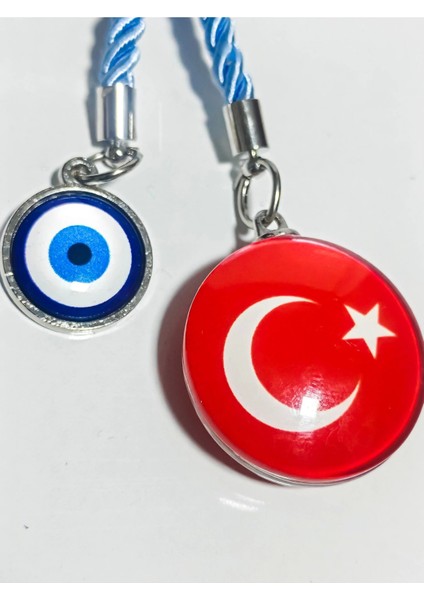 Türk Bayraklı Cam Boncuklu ve Nazar Boncuklu Anahtarlık