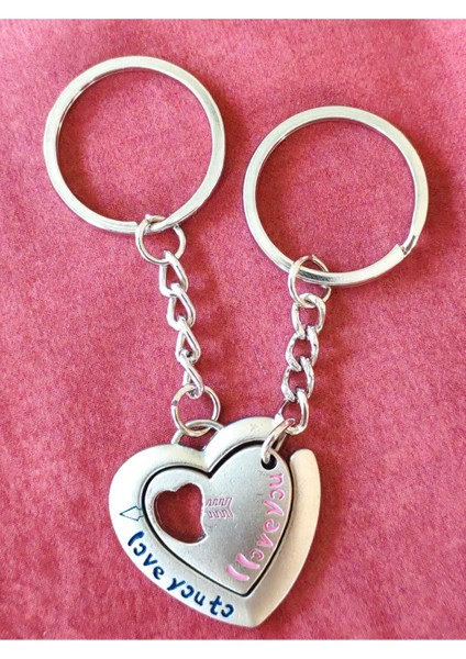 Çiftlere Özel Içiçe Kalp Şeklinde Metal Ikiz Anahtarlık