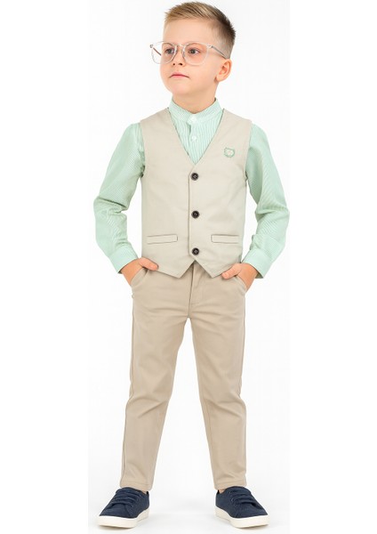 3'lü Set Erkek Çocuk Gabardin Yelek & Pantolon & Dokuma Gömlek