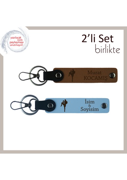 Tekvando Temalı Hediye, Kişisel Yazılabilir Kalıcı Deri Anahtarlık Seti, Açık Kahve-Gök Mavi