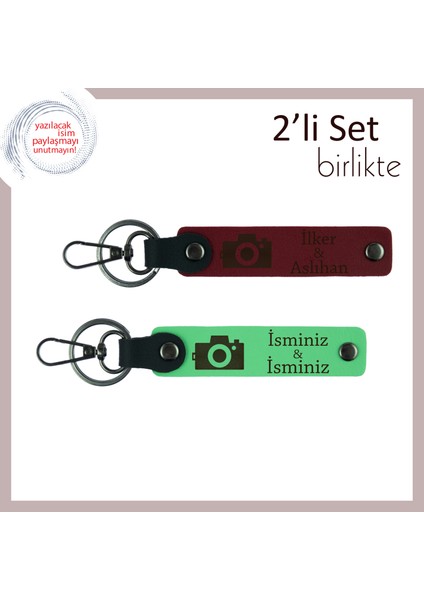 Kişisel Yazı Eklenebilir Deri Anahtarlık, Fotoğraf Temalı Romantik Hediye, Bordo-Fıstık Yeşil