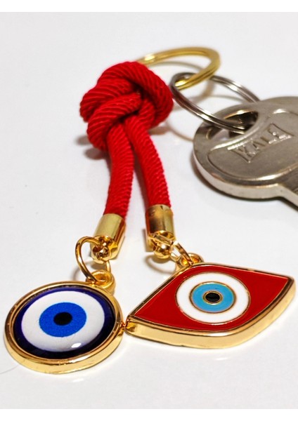 Kırmızı ve Mavi Nazar Boncuklu Sarı Metalli Kırmızı Ipli Anahtarlık fiyatları