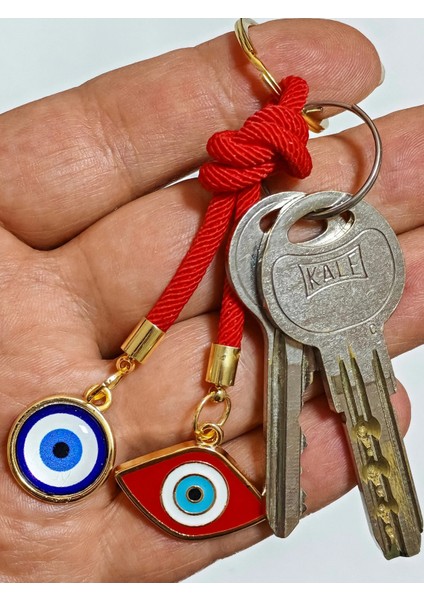 Kırmızı ve Mavi Nazar Boncuklu Sarı Metalli Kırmızı Ipli Anahtarlık modelleri