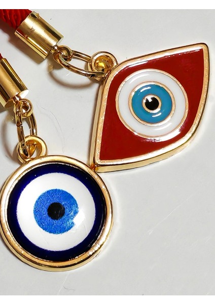 Kırmızı ve Mavi Nazar Boncuklu Sarı Metalli Kırmızı Ipli Anahtarlık