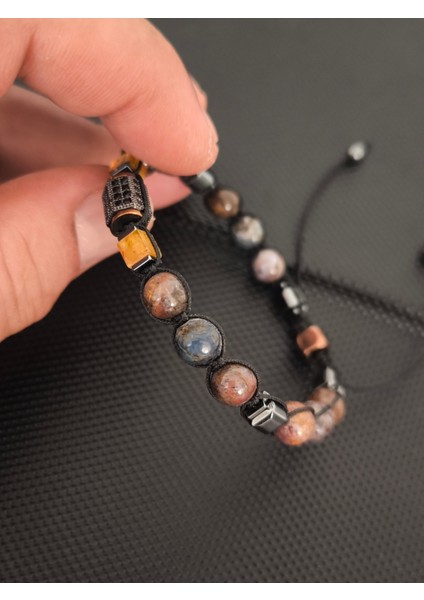 Damla Kehribar-8 mm Pietersite-Mikro Zirkon Aparat Doğaltaş Bileklik Takı Aksesuar Erkek Bileklik