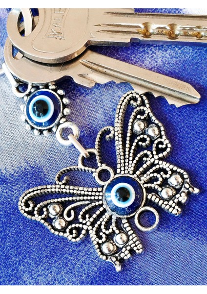 Kelebek Figürlü Nazar Boncuklu Zarif Metal Anahtarlık
