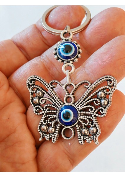 Kelebek Figürlü Nazar Boncuklu Zarif Metal Anahtarlık