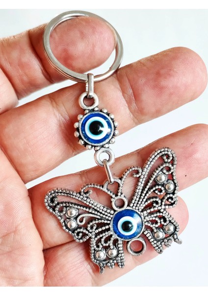 Kelebek Figürlü Nazar Boncuklu Zarif Metal Anahtarlık