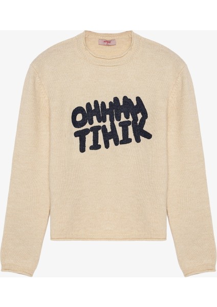 Bisiklet Yaka Yazı Desenli Triko Kazak Ekru