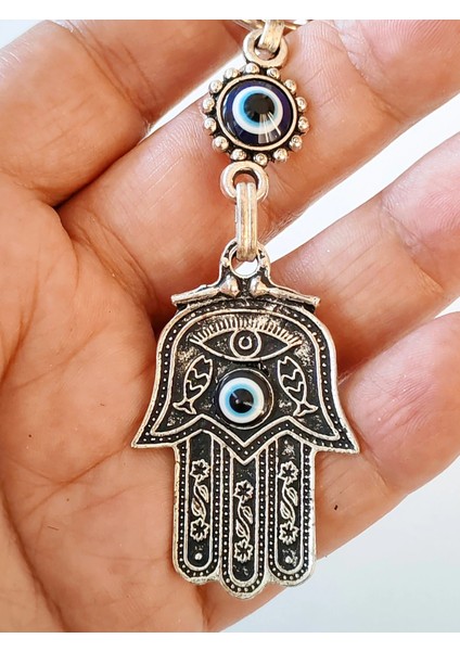 Metal Fatımanın Eli Şeklinde Üzeri Nazar Boncuğu Camlarıyla Bezeli Anahtarlık