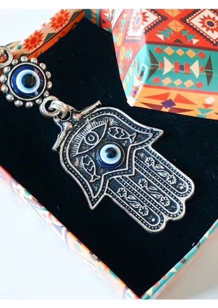 Metal Fatımanın Eli Şeklinde Üzeri Nazar Boncuğu Camlarıyla Bezeli Anahtarlık