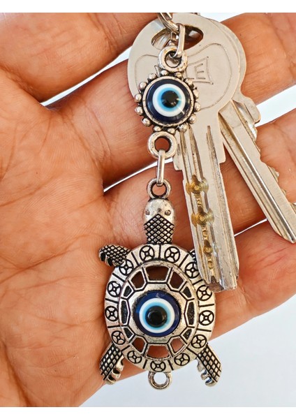 Nazar Boncuklu Metal Kaplumbağa Anahtarlık