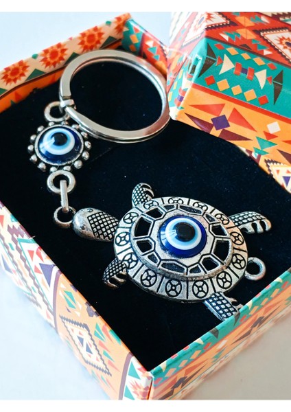 Nazar Boncuklu Metal Kaplumbağa Anahtarlık