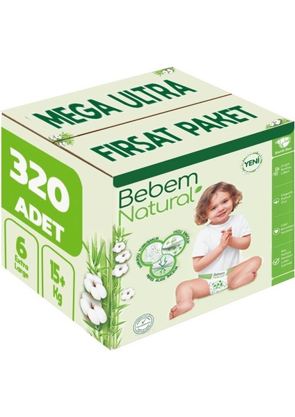 Bebem Bebek Bezi Natural Beden:6 (15+Kg) Extra Large 320 Adet Mega Ultra Fırsat Pk