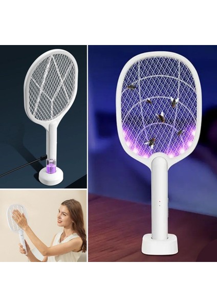 Şarjlı Sinek Öldürücü Masaüstü Standlı,mor Işık Sinek Kovucu Raket 5W (5282)