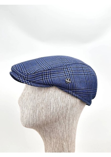 Kışlık Kasket Şapka – Mavi Ekose Desen, Modern Stil Bedensiz Lastikli Model