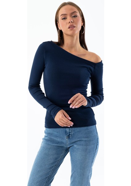 Kadın Asimetrik Yaka Uzun Kollu Basic Bluz Lacivert - MS0001283